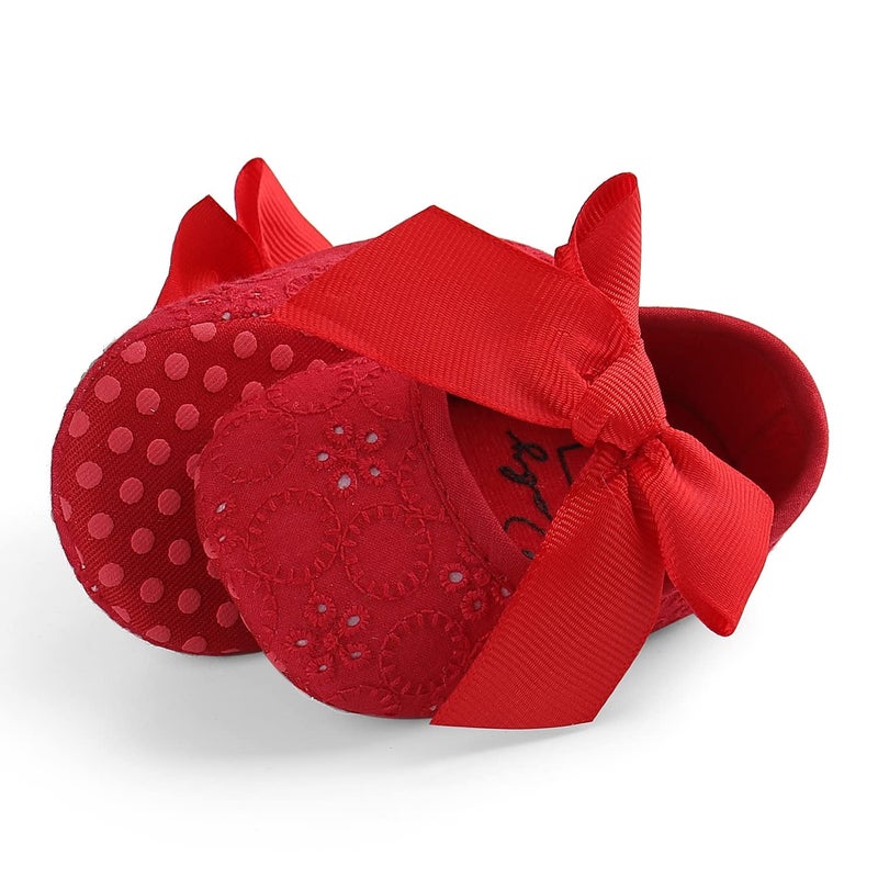 Estamico Baby Girls Princess Bowknot Soft Sole Cloth Crib Shoes Sneaker Red, 6-12 Months - Image 3